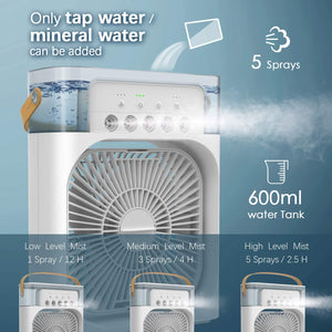 Air humidifier with water tank and mist output features on a blue background