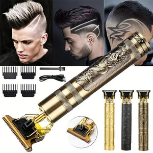 Hair trimmer with attachments and close-up shots of haircuts on a white background