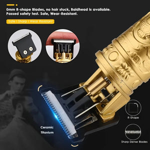 Gold hair trimmer with R-shaped blades and safety features on a dark background