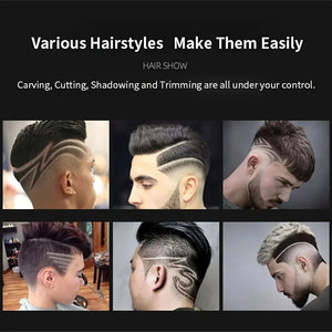 Collage of men with different hairstyles and text about hair styling tools.