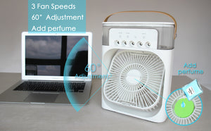 Portable fan with laptop on a desk, featuring text about fan speeds and perfume addition.