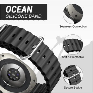 Black silicone watch band with features highlighted on a gray background