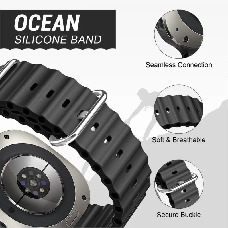 Black silicone watch band with features highlighted on a gray background