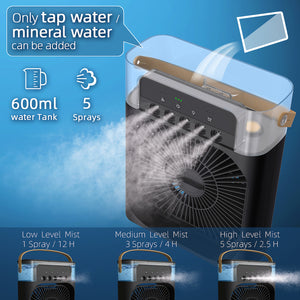 Portable air cooler with water tank and misting system on a blue background