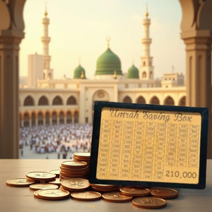 Umrah saving box with coins in front of a mosque