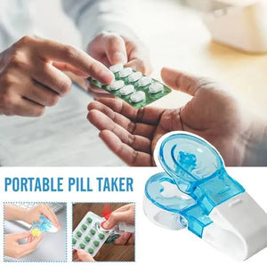 Portable pill taker device being used to distribute pills, with text 'Portable Pill Taker' displayed.