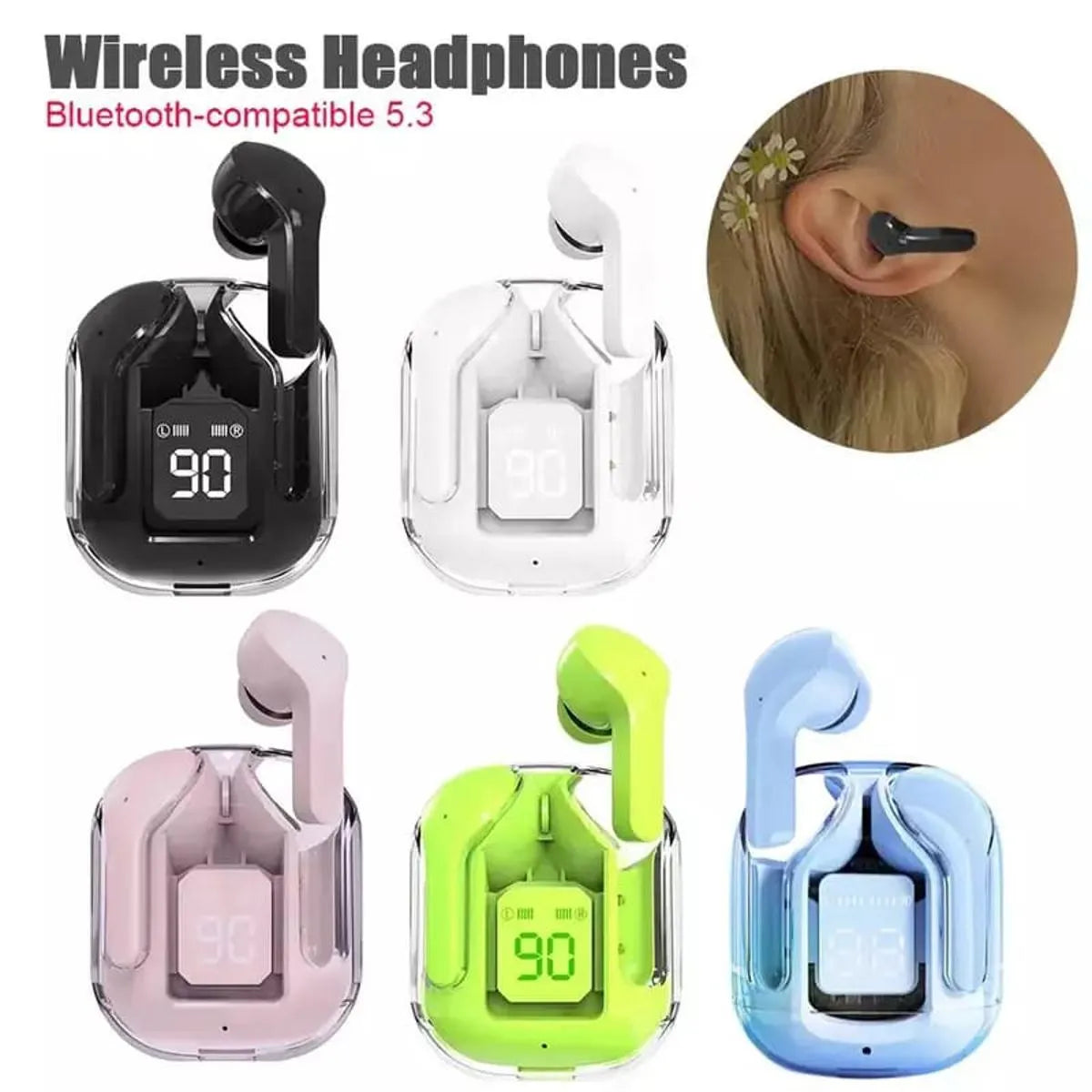 Wireless headphones with charging case in various colors on a white background.