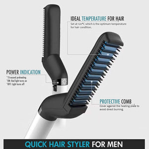 Quick hair styler for men with features highlighted on a white background