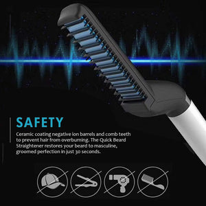 Quick Beard Straightener with safety features highlighted on a dark background