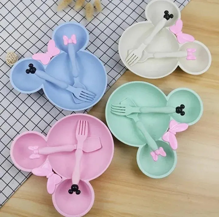 Cute Cartoon Mouse Shape Kids Dinner Plate with Spoon and Fork | BPA Free, Multi-Color | Lotloo