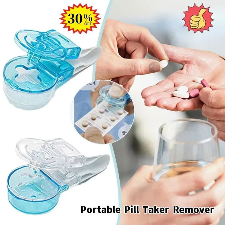 Portable pill taker remover with hands taking pills and a glass of water, promotional text overlay.