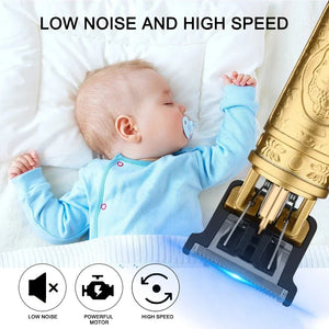 Baby lying down with a gold and black tool labeled 'Low Noise and High Speed' next to it.
