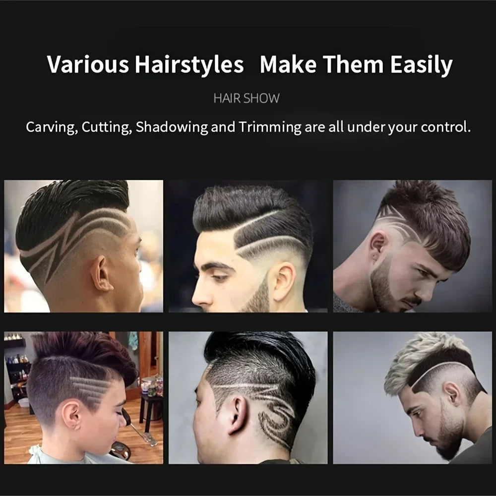 Collage of men with different hairstyles and text about hair styling tools.