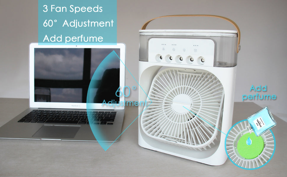 Portable fan with laptop on a desk, featuring text about fan speeds and perfume addition.