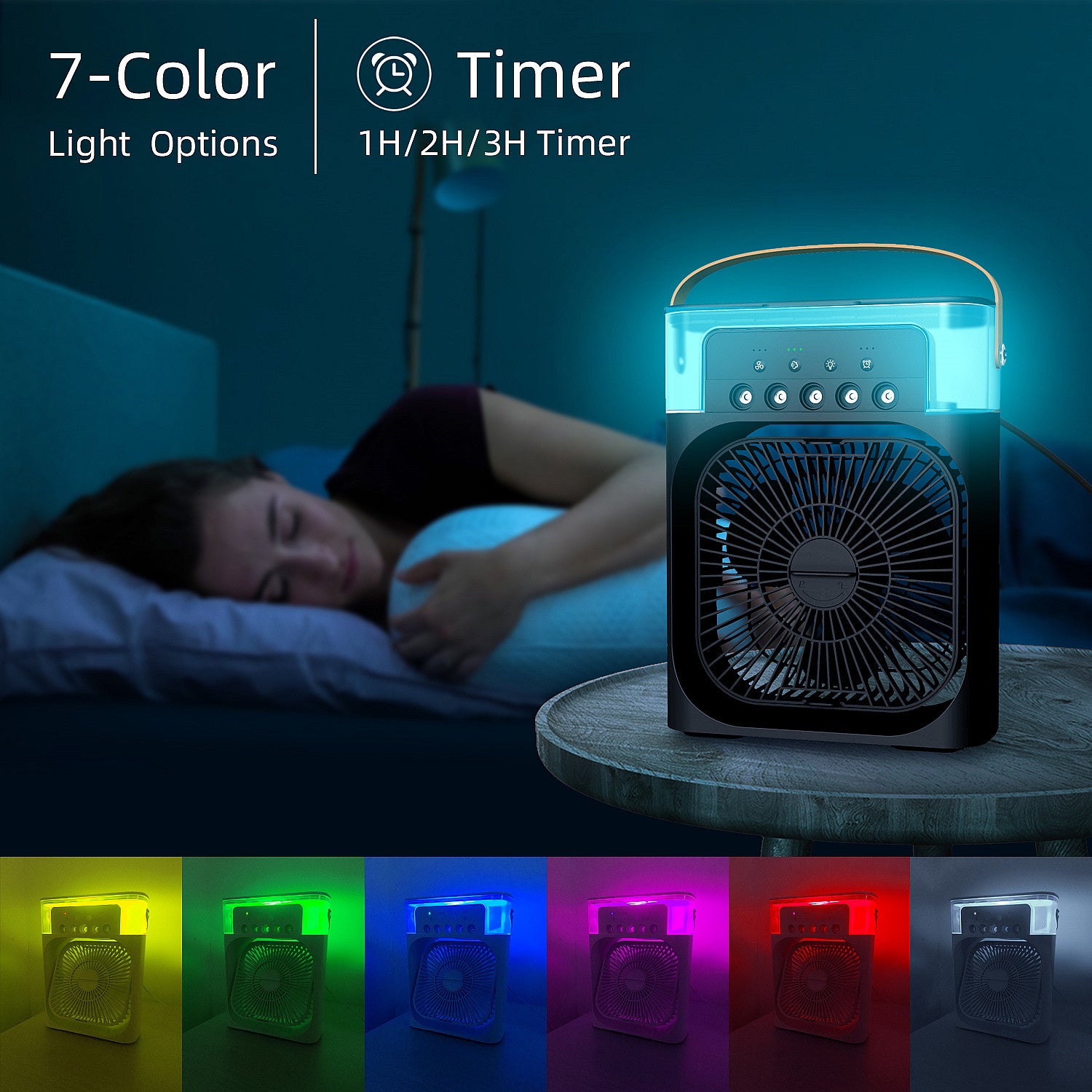 Portable fan with 7-color light options and timer features on a bedside table.