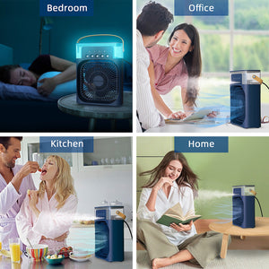 Portable air cooler used in various settings including bedroom, office, kitchen, and home.