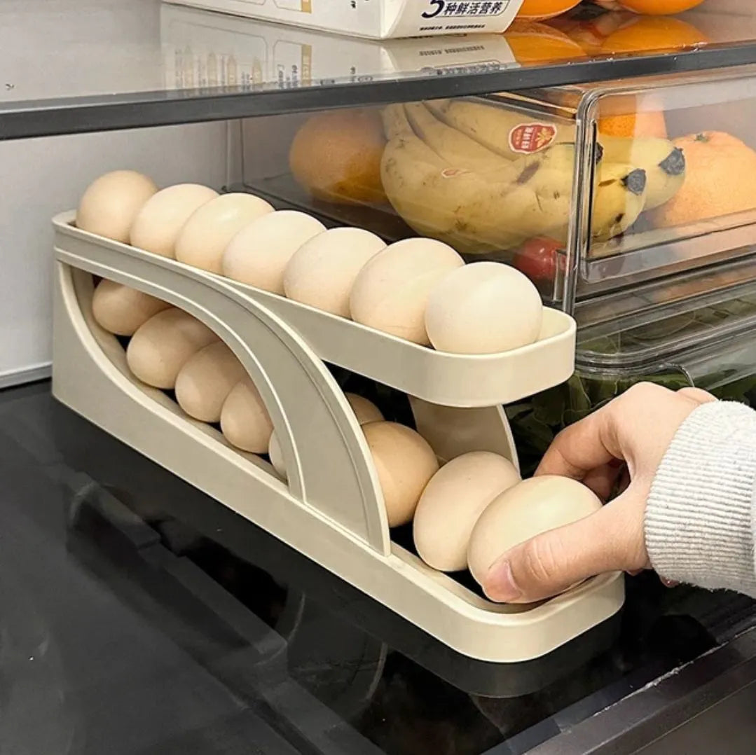 2 Tier Automatic Egg Organizer | Rolling Egg Dispenser Double Layer Storage Rack | Lotloo
