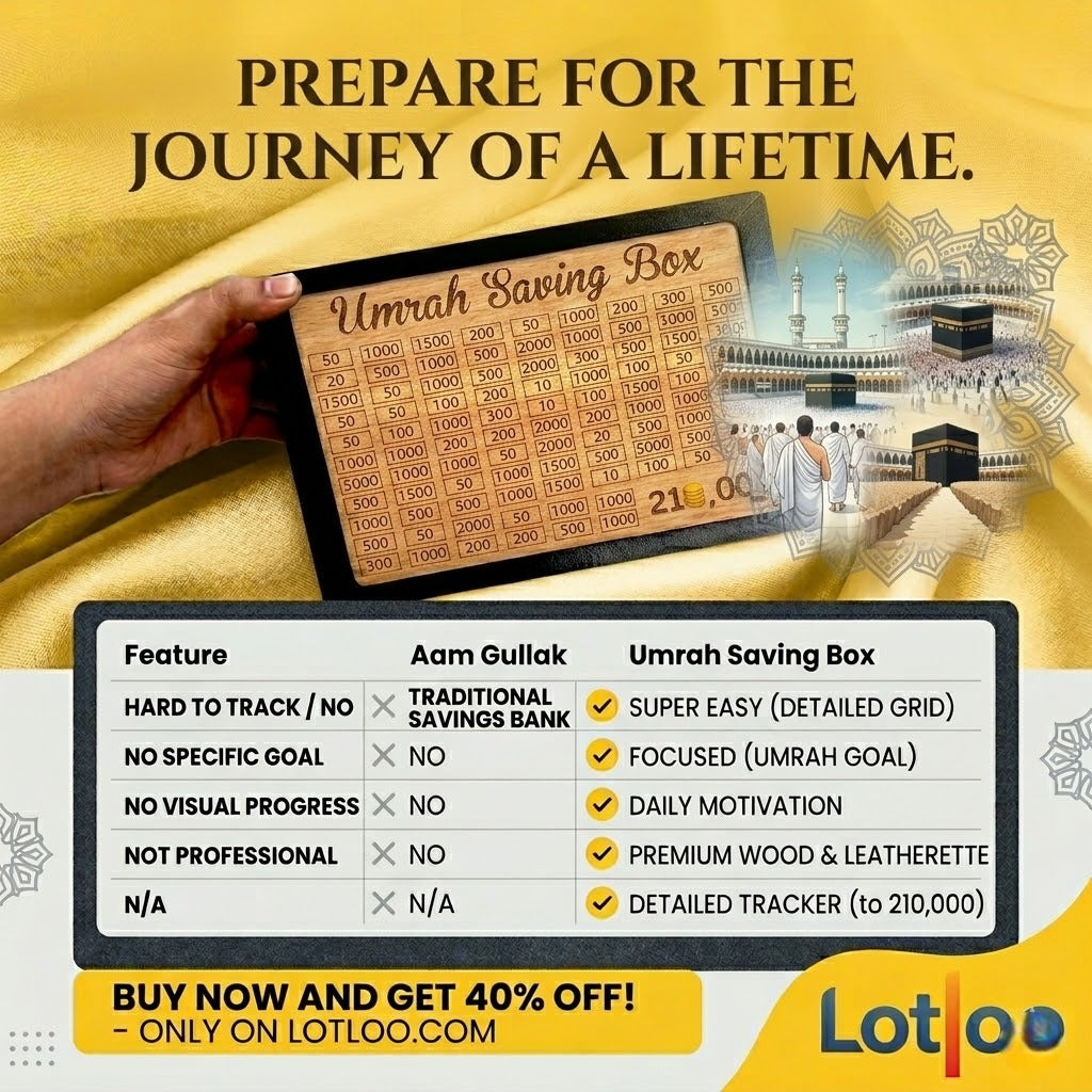 Advertisement for Umrah Saving Box with features and Lotloo branding.