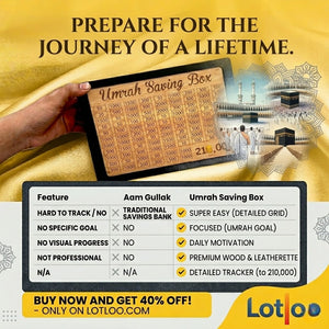 Advertisement for Umrah Saving Box with features and Lotloo branding.