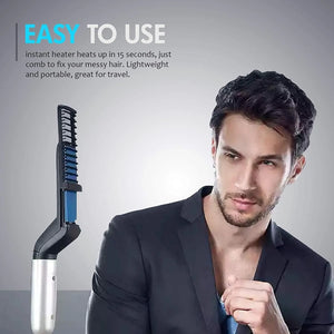 Man with styled hair next to a hair styling tool with text about its features.