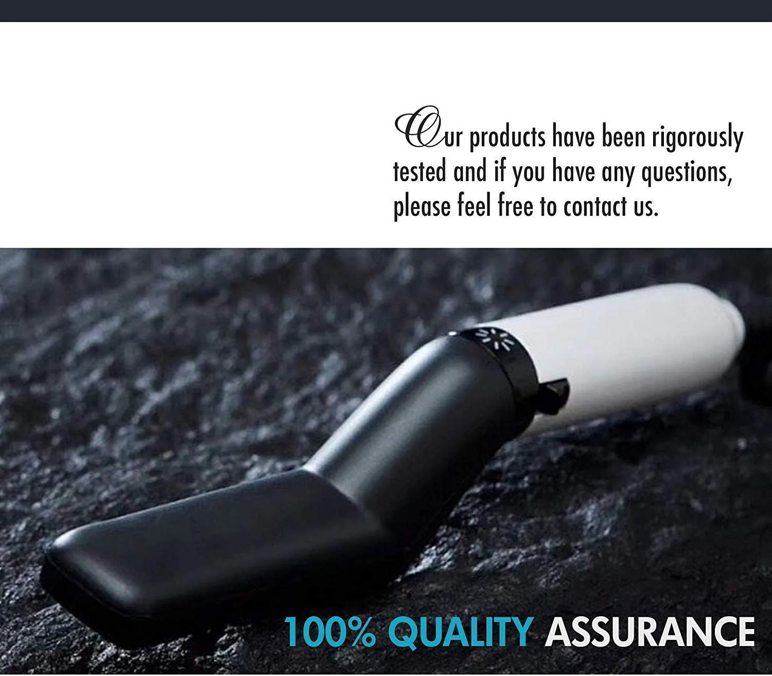 Product with text about rigorous testing and quality assurance on a dark background