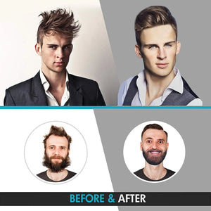 Before and after comparison of a man's hairstyle and beard.