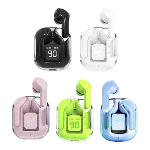 Five colorful electronic devices with digital displays on a white background