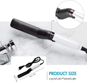 Black handheld tool with a close-up inset on a white background
