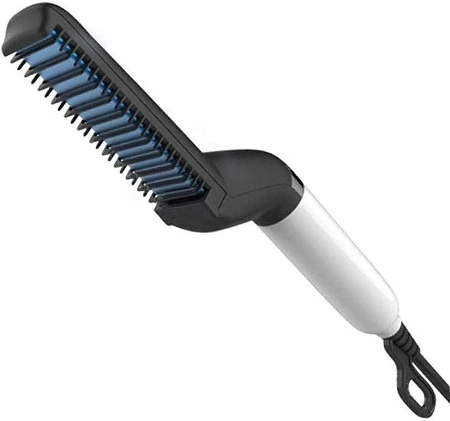 Hair straightening brush with black bristle head and white handle on a white background