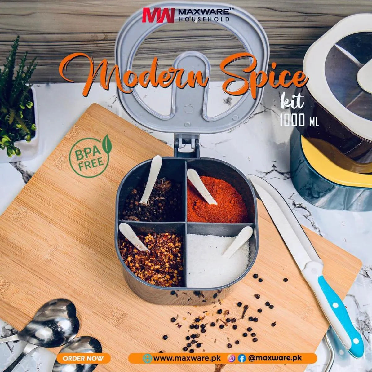 4 in 1 Spice Box Kitchen Organizer – Partition Seasoning Container with Spoon | Lotloo